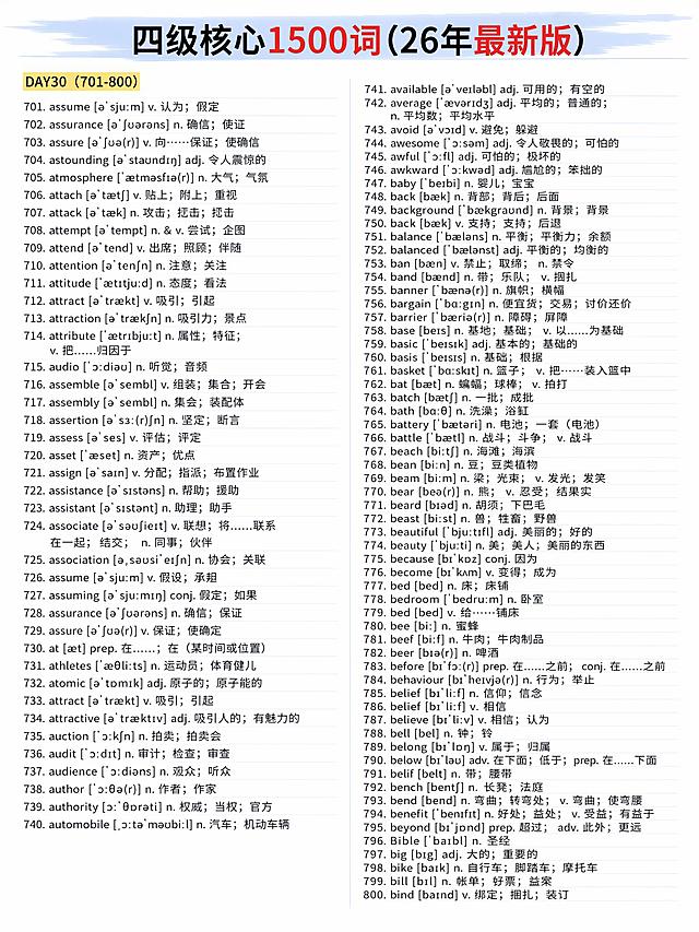 修改这张四级单词表，修正识别错误的文字，保持文字内容完全正确，排版改为与参考图一致，顶部保留标题'四级核心1500词(26年最新版)'，DAY30使用黄色背景块标注，分双栏排版，顶部添加浅蓝色笔刷风格的标题背景，保持干净清晰的文字排版