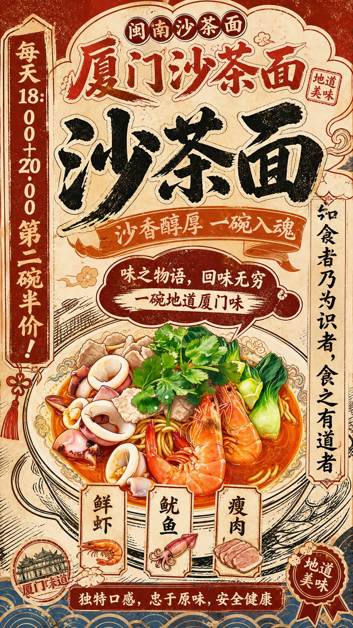 潮流ins风厦门沙茶面促销海报，竖版9:16，不规则异形云朵卡… - 图片创意预览