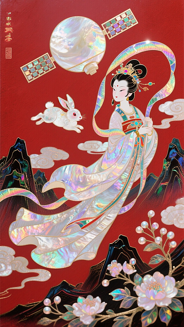 日漫风格，嫦娥怀抱玉兔飞向一个巨大的卫星，衣摆飘逸。周围环绕着祥云和盛开的花朵，背景山脉，红色底色，非常规的动态构图