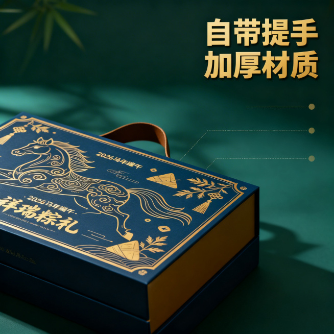 [主图 2] 国风端午定制礼盒细节卖点展示
[氛围风格] 国潮意境治愈风，雅致高级，细节突出。
[画面元素] 商业摄影质感，光线柔和通透，产品清晰真实，画面干净高级。特写展示礼盒提手与加厚材质盒身，保预览效果