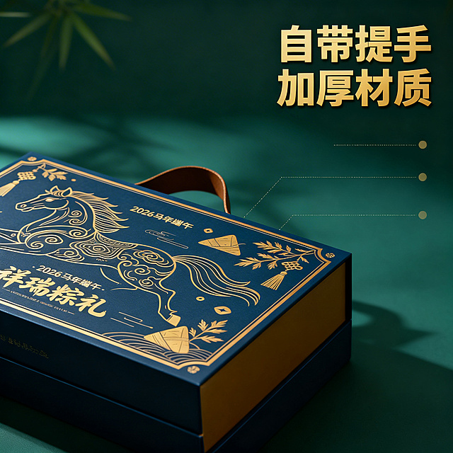 [主图 2] 国风端午定制礼盒细节卖点展示
[氛围风格] 国潮意境治愈风，雅致高级，细节突出。
[画面元素] 商业摄影质感，光线柔和通透，产品清晰真实，画面干净高级。特写展示礼盒提手与加厚材质盒身，保留原图产品外观设计，突出皮质提手和加厚硬挺盒身细节，背景保留墨绿色渐变国风竹叶背景，保持整体风格统一。
[配色色系] 主色调：藏青蓝色、金色、墨绿色；辅助色：棕色提手。
[视角构图] 近距离特写平视，聚焦产品提手和边角，景深适中。
[文字版式] 右对齐布局，主标题 "自带提手 加厚材质" 金色粗体大字，分两行排列，每个卖点使用纤细引线标注对应位置，文字不遮挡主体，清晰易读。
[比例分辨率] 1:1 比例，2k 分辨率，文字清晰可辨，超高清。
[负向提示词] 变形，水印，文字错乱，产品图模糊，背景杂乱，低俗配色