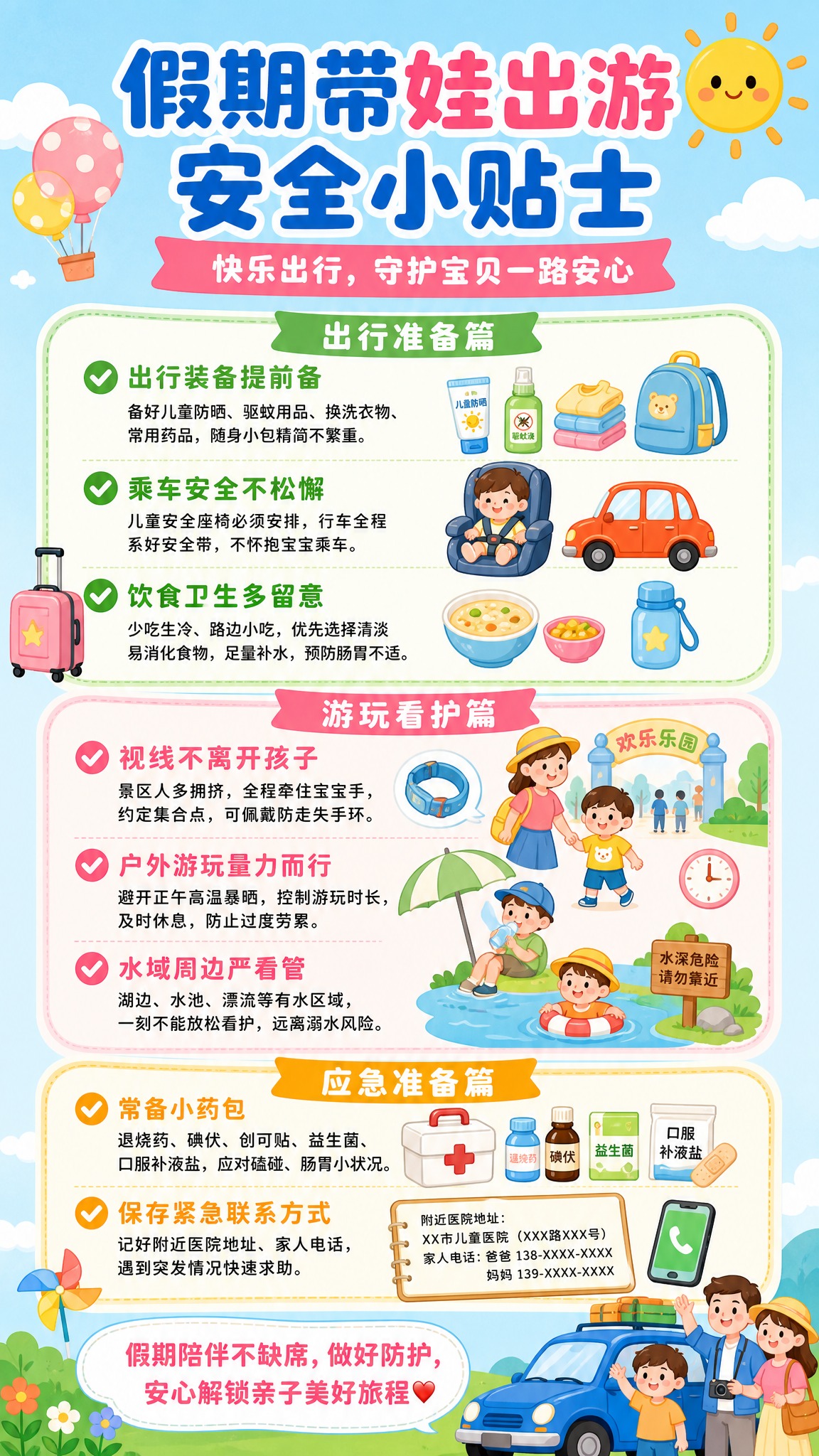 一张9:16竖版童趣风格亲子出游安全知识海报，版面整洁不杂乱，… - 图片创意预览