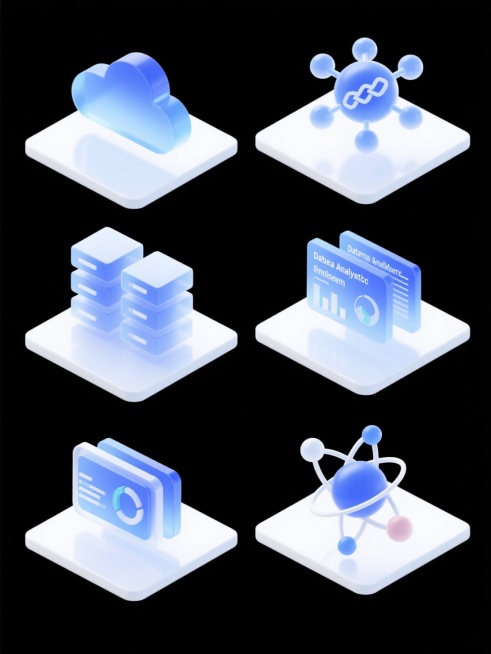 一系列6个完全不同的科技图标元素集合，采用2.5D等距投影风格，每个图标保持相同的半透明渐变蓝色调玻璃质感，搭配白色立体几何基座，图标内容分别为：云计算服务器集群、人工智能神经网络节点、区块链链式结构、大数据分析仪表盘、物联网互联设备网格、量子计算原子模型，所有图标规整排列在纯白色背景上，保持一致的光影效果、简洁现代的设计语言和统一的视觉权重，整体呈现科技感与专业性。预览效果