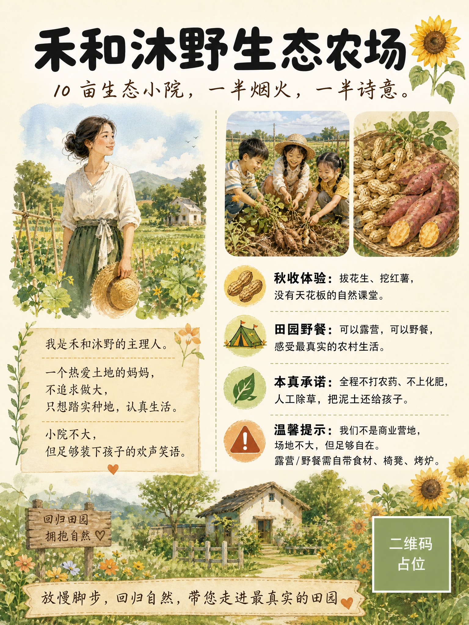 一张温馨田园风格的生态农场宣传海报，竖版3:4比例，手绘水彩+… - 图片创意预览