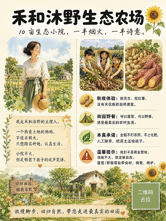 一张温馨田园风格的生态农场宣传海报，竖版3:4比例，手绘水彩+自然摄影混合风格，整体色调温暖柔和，以米白、草绿、土黄、暖橙为主色调。

【顶部区域】最上方留白，用轻松的手写体写下大标题，旁边配一个手绘的向日葵小图标。主标题文字："禾和沐野生态农场"（放大，加粗，圆润黑体），副标题文字："10 亩生态小院，一半烟火，一半诗意。"（手写体，稍小）

【中部区域 左右分栏排版】
【左栏：创始人介绍】上方放一张女性在田间自然劳作的插画（妈妈形象，穿朴素棉麻衣服，手持草帽，背景是绿色田野，温馨治愈），下方文字用思源宋体/楷体，温馨感："我是禾和沐野的主理人。""一个热爱土地的妈妈，不追求做大，只想踏实种地，认真生活。""小院不大，但足够装下孩子的欢声笑语。"
【右栏：农场/活动介绍】上方放两张小图：孩子们在田间秋收的欢乐场景、花生和红薯的特写插画；下方文字用黑体，清晰易读，分四条带图标：
"🥜 秋收体验：拔花生、挖红薯，没有天花板的自然课堂。"
"🏕️ 田园野餐：可以露营，可以野餐，感受最真实的农村生活。"
"🌿 本真承诺：全程不打农药、不上化肥，人工除草，把泥土还给孩子。"
"⚠️ 温馨提示：我们不是商业营地，场地不大，但足够自在。露营/野餐需自带食材、椅凳、烤炉。"

【底部区域】最底部写一行温暖的文字："放慢脚步，回归自然，带您走进最真实的田园"

整体风格：自然、温馨、原生态，手绘插画质感，版式精美，左右分栏清晰，文字排版舒适有呼吸感，四周留安全边距，画面层次分明，田园氛围浓厚。

画面中所有信息区域必须填充完整合理的内容，不得出现空白框、空白占位、横线待填写区域、空列表项、空单元格；确保是完整可用的成品海报而非待填写模板。
画面中所有二维码区域使用纯色方块占位符呈现，方块中央标注"二维码占位"文字，严禁生成任何可识别的二维码图案。
画面中所有数字必须精确渲染，不得错位、遗漏或编造。
