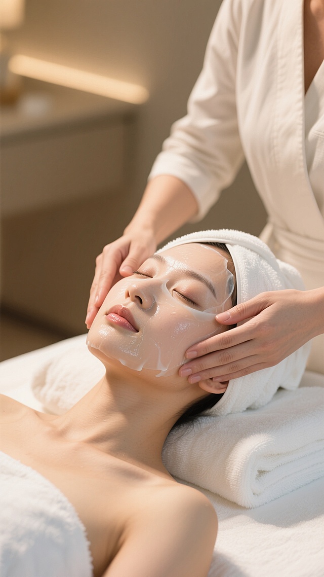 温暖柔和的室内光线下，一位亚洲女性面部敷着水润的护肤面膜，头上裹着柔软的白色毛巾，正舒适地躺在铺有白色毛巾的美容床上，另一位美容师的双手轻柔地在她面部进行按摩护理，整体画面呈现出专业、舒缓、高级的护肤SPA场景，营造出宁静放松的氛围，肌肤质感水润透亮，细节真实细腻，色调以温暖的米白色和柔和的肤色为主，光影过渡自然柔和。