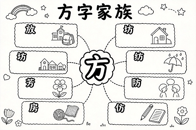 将这张思维导图转为黑白线稿版本，方便孩子涂色，要求：1.整体布局和所有细节与原图保持完全一致；2.保留所有大字：方、放、坊、芳、纺、房、防、访、仿，这些大字仅保留黑色描边，内部填充为白色；3.删除每个板块内部的组合小字内容（如“攵+方=放”）和词组内容，保留大字位置不变；4.保留所有简笔画图案和装饰元素，仅保留黑色线条轮廓，内部留白方便涂色；5.整体为纯黑白线稿，仅保留黑色线条，无其他颜色填充
