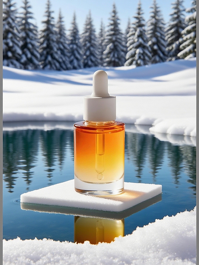 主体放置在透光湖水中的白色展台上，周围雪地，有雪松作为背景