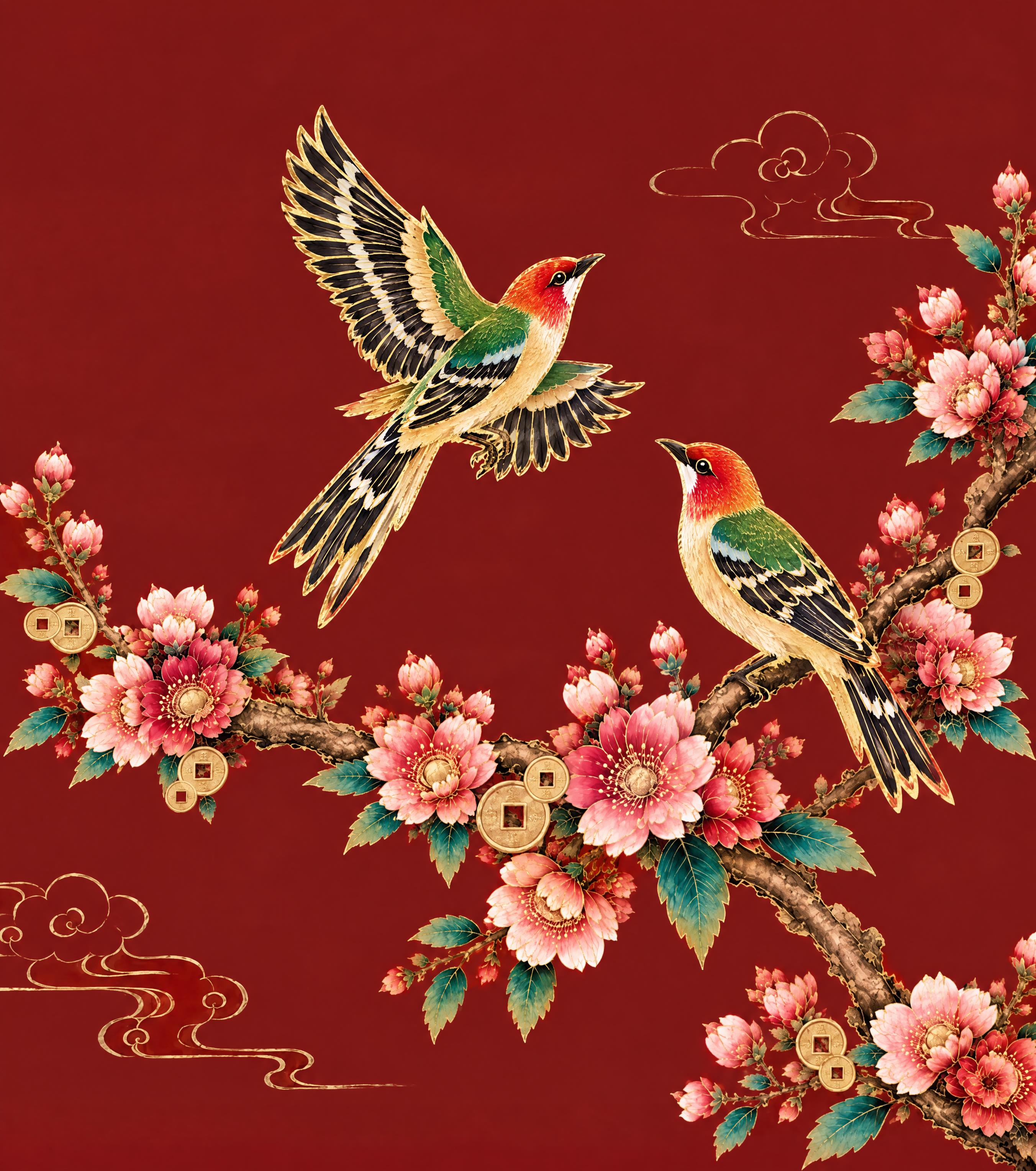 将图中的两只鸟替换为图二的鸟品种（红头、绿背、翅膀带黑白斑纹、… - 图片创意预览