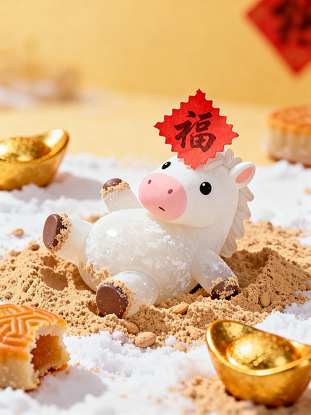 软3D粘土风小牛萌趣躺卧，头戴“福”字红纸，搭配金元宝与月饼，国潮鎏金元素点缀，喜庆可爱，尽显春节欢愉氛围。