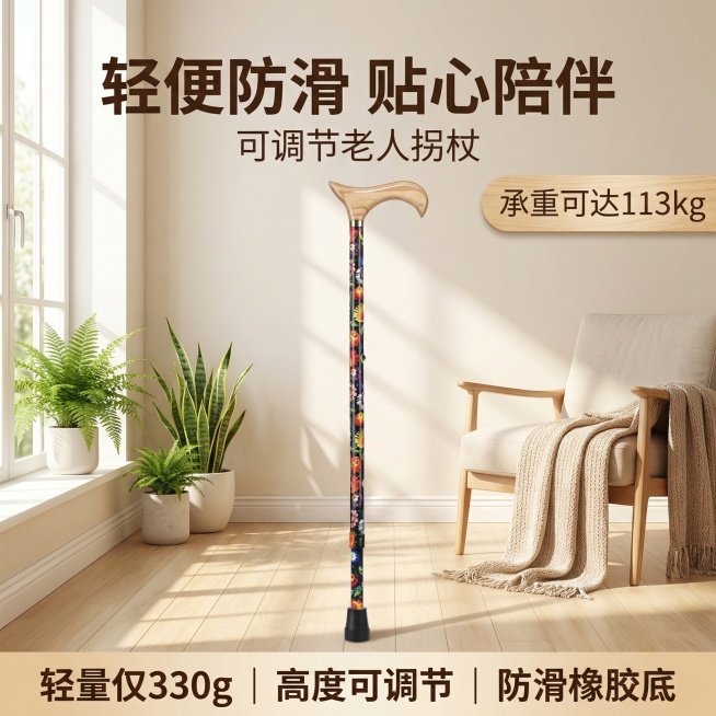 以提供的印花拐杖为主体，生成电商首图，温馨养老关怀风格，明亮自然光，舒适安心感。印花拐杖居中占画面60%，背景为整洁明亮的老年人家居客厅，米白色墙面，浅木色地板，窗边有绿植点缀，柔和自然光从左侧窗户洒预览效果