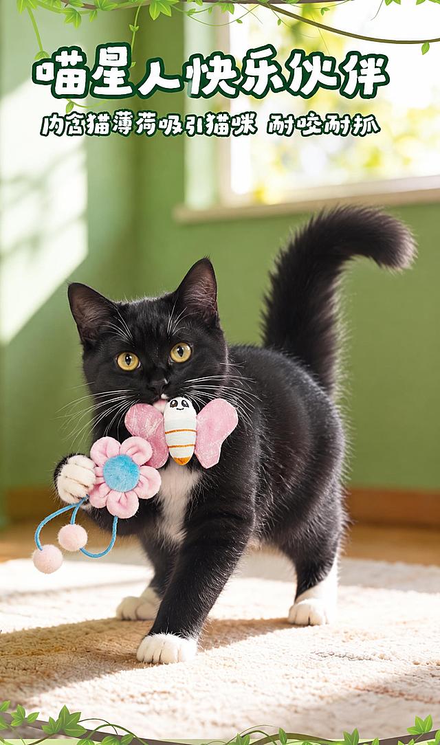将图中的布偶猫替换为黑白奶牛猫gogo（黑色毛发，胸口和四只爪子白色，黄眼睛，下巴有撮白毛），保持猫咪的姿势和位置不变：猫咪站立着，嘴里叼着粉色翅膀蜜蜂花朵造型的猫玩具，一只前爪抬起抓着玩具，尾巴翘起，姿态与原图一致。背景、文字、玩具、绿色墙壁、窗户、地毯、顶部和底部的藤蔓装饰等所有其他元素完全保持不变。只替换猫的品种和毛色，动作姿势角度完全一致。