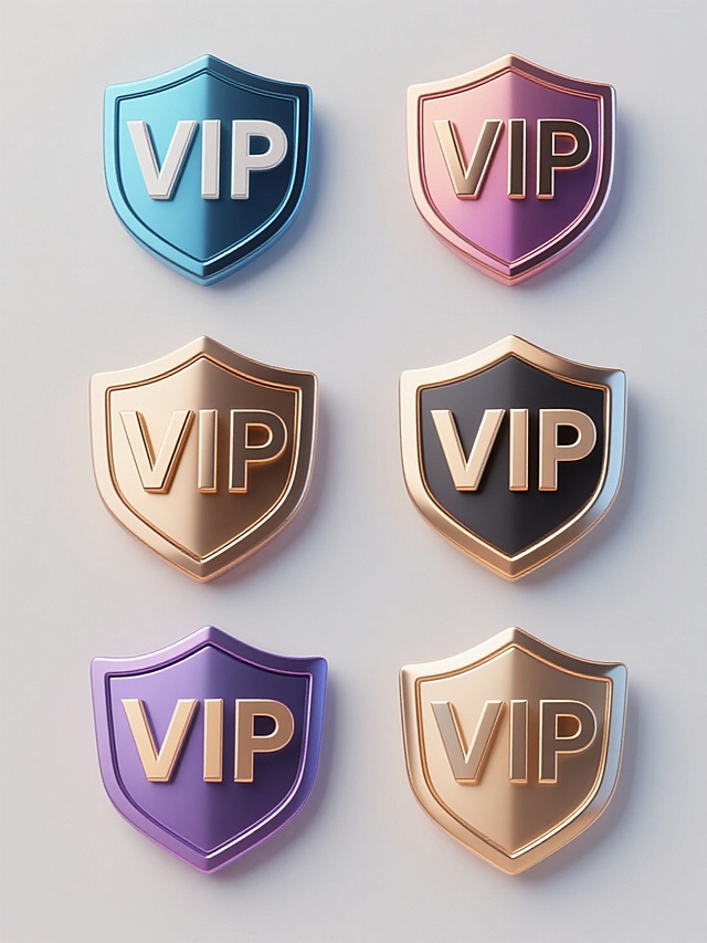 一系列6个不同配色、不同样式、不同材质的「VIP」造型，采用3D立体设计，具有金属光泽感和光滑的曲面，规整排布，整体造型简约现代，纯色背景，无任何文字，无logo，无水印，每个「VIP」造型都有独特的设计元素，如盾牌形状、立体字母、装饰性线条等，光影效果突出，立体感强，色彩鲜明，视觉层次分明，符合现代设计美学，适合用于会员标识、特权象征等场景。