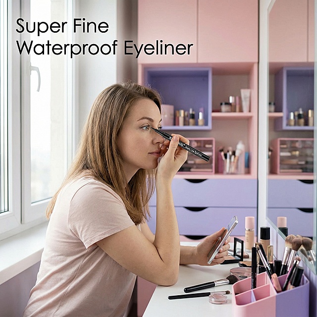 [Lifestyle Scene Image 2] Makeup vanity counter scene, a European female model holding the Kiss Beauty Super Line Eyeliner, applying eyeliner, natural soft window light, pink and purple modern vanity background, create a realistic daily makeup atmosphere, main slogan "Super Fine Waterproof Eyeliner" placed at top left, all texts in English, follow the composition rules of no text blocking product and model face, style unified with the first image.