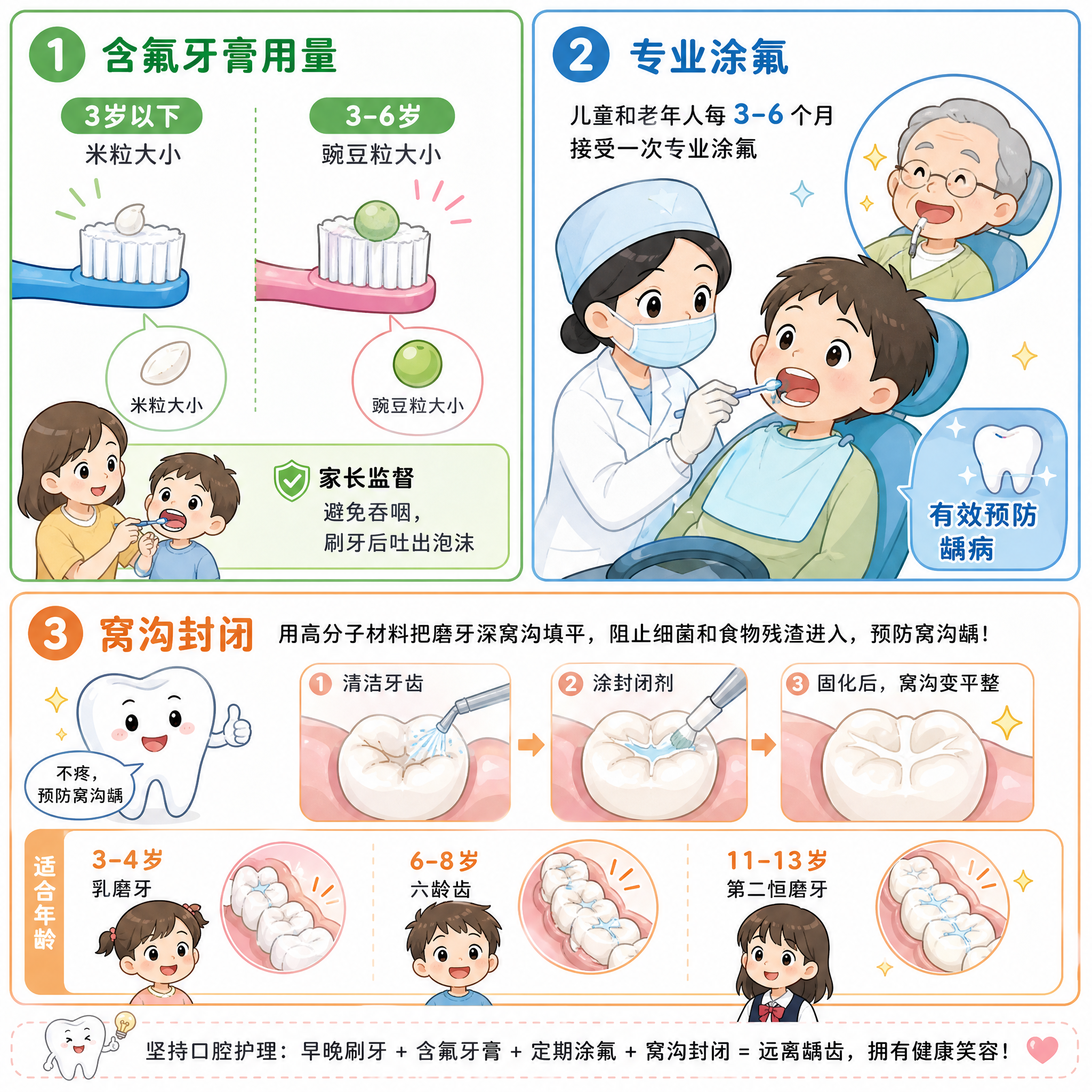 医学科普漫画风格插画，主题'含氟牙膏用量+专业涂氟+窝沟封闭'… - 图片创意预览
