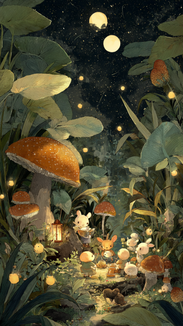 虫眼仰视视角，温暖绘本插画风格，融合碧翠克斯·波特（彼得兔作者）的自然细节与宫崎骏的奇幻氛围：夜晚魔法森林空地，小狐狸举办的“月相茶会” - 用露珠（新月）、半片珍珠母贝壳（上弦月）、圆蘑菇（满月）、预览效果