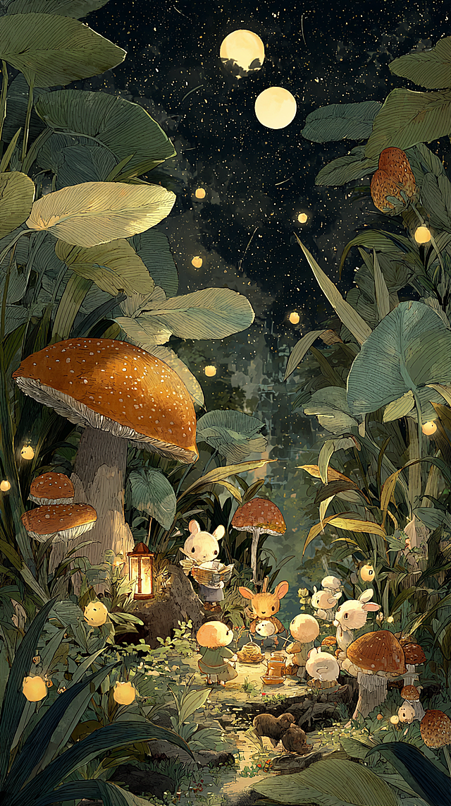 虫眼仰视视角，温暖绘本插画风格，融合碧翠克斯·波特（彼得兔作者）的自然细节与宫崎骏的奇幻氛围：夜晚魔法森林空地，小狐狸举办的“月相茶会” - 用露珠（新月）、半片珍珠母贝壳（上弦月）、圆蘑菇（满月）、被咬的草莓（下弦月）排列出月相序列，萤火虫提着微型灯笼照亮每个“月相”，猫头鹰老师站在树桩上指着星空，其他小动物（刺猬、松鼠、兔子）围坐倾听，每片叶子脉络、蘑菇菌褶、昆虫翅膀纹理、动物毛发都细腻可爱，月光透过树叶形成光斑，色调为暖褐、萤光黄、森林绿、夜紫罗兰，童话光影，细节丰富如自然图鉴，8K
