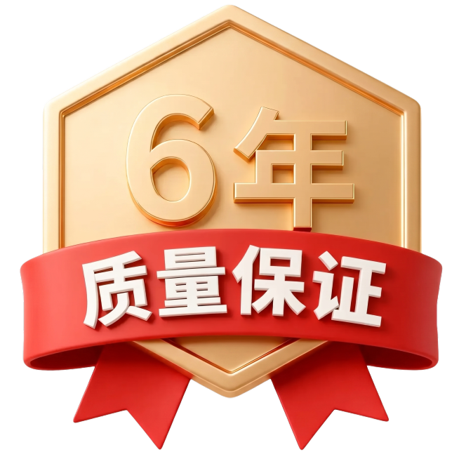 将徽章上的文字“5年”修改为“6年”，保持其他所有元素（金色六边形徽章、红色飘带、“质量保证”文字、金色立体质感）完全不变，保持原风格和质感预览效果