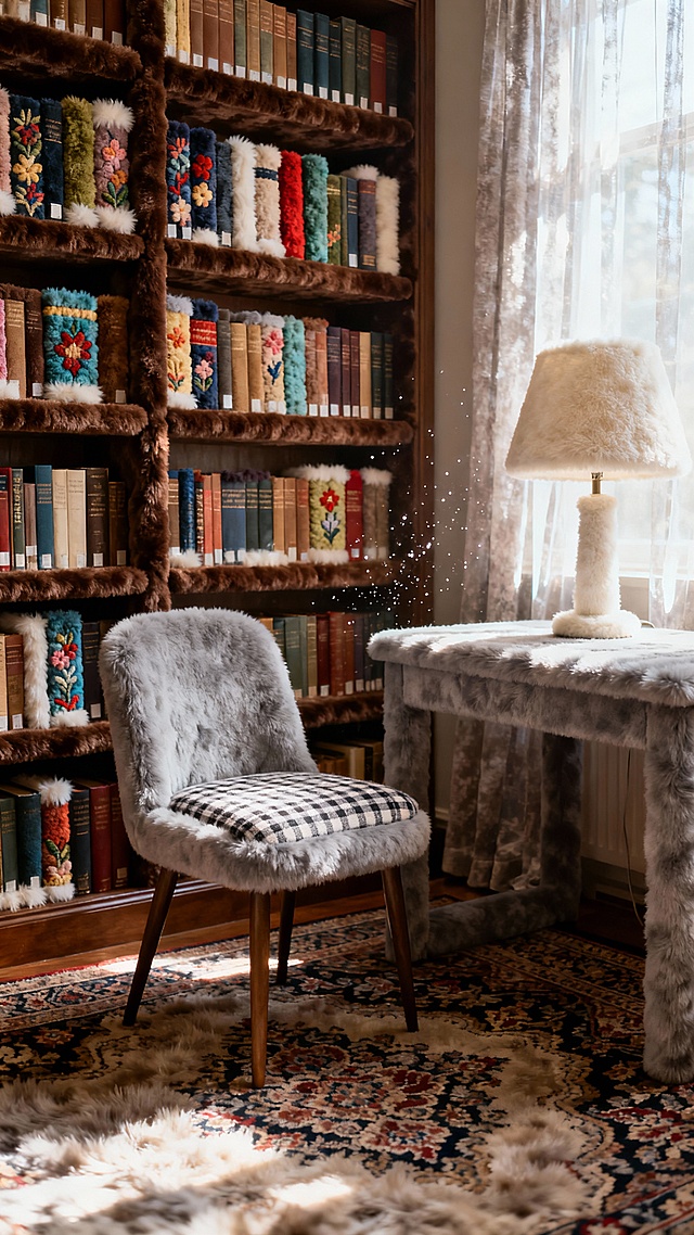 复古图书馆的毛绒世界，书架是深棕色毛绒包裹，书脊是彩色毛绒刺绣，书籍页面边缘有毛绒质感，桌椅是浅灰色毛绒材质，坐垫是格子纹毛绒，台灯的灯罩是米白色毛绒，地面铺着波斯花纹毛绒地毯，阳光透过半透明短绒的毛绒窗帘洒入，空气中漂浮着细小的毛绒颗粒尘埃，整体色调柔和，低饱和度，治愈安静氛围，所有物体都是毛茸茸的