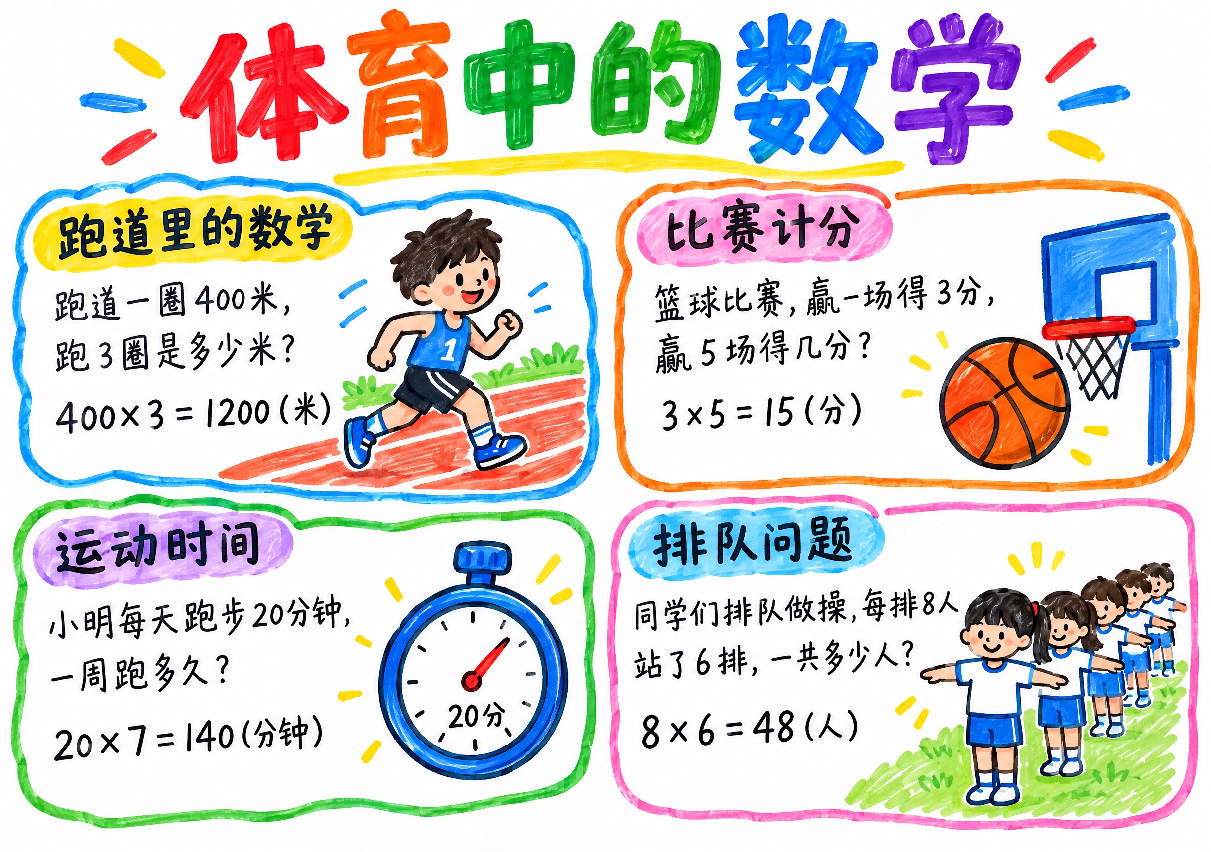 A4横版六年级数学上册《体育中的数学》手抄报，纯白色背景，白纸… - 图片创意预览
