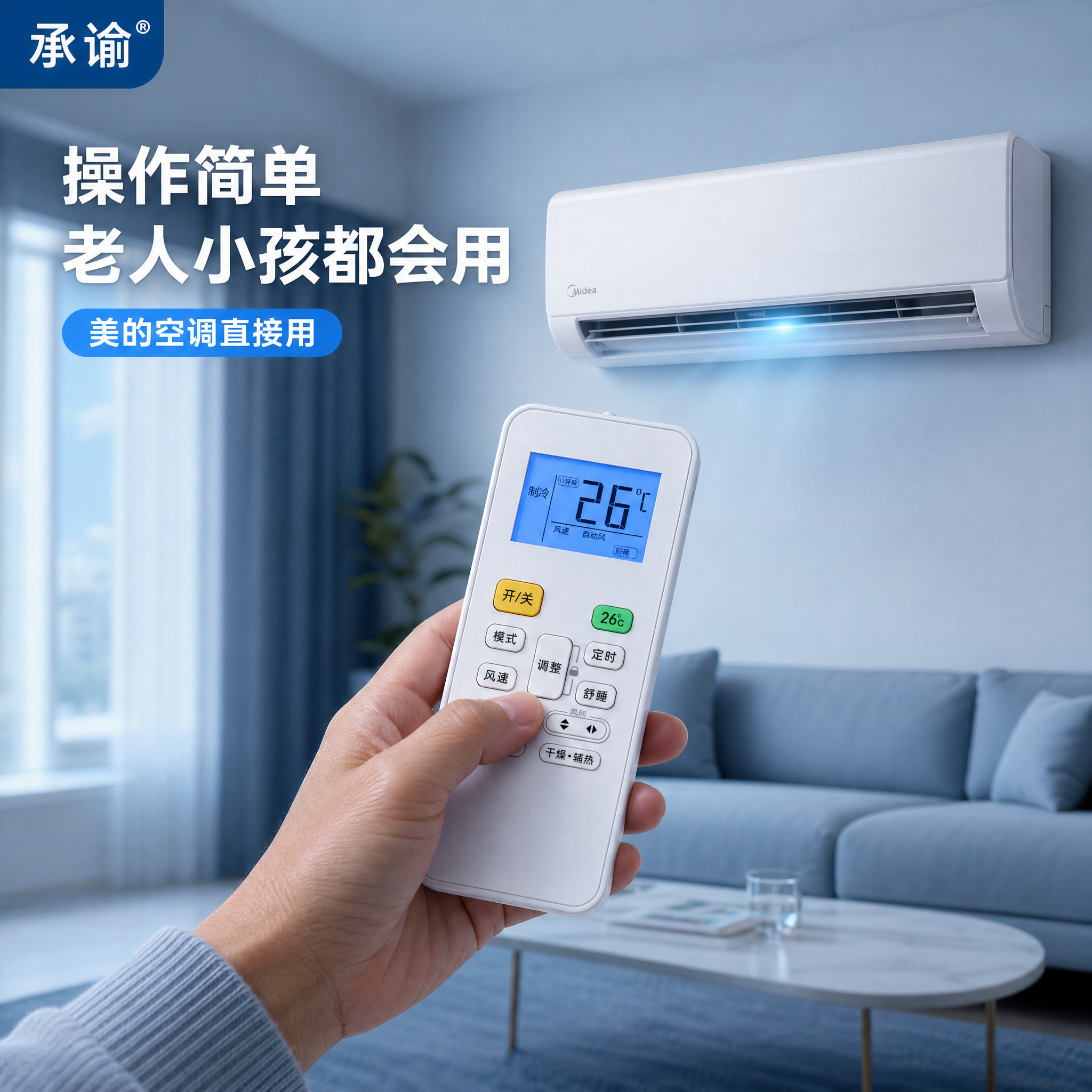 [主图-4] 真实使用场景，展示客厅美的空调使用场景下遥控器的… - 图片创意预览