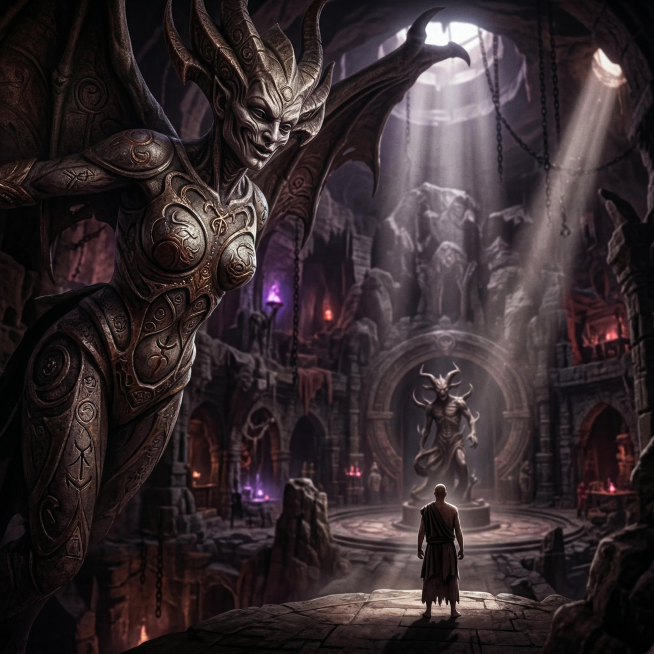 灰棕深色模糊古风魔教内部背景，一个巨大的色孽魔像，以向下俯视视角，透过巨大色孽魔像，一个僧人站在外道魔像前的渺小背影，神秘诡异，丁达尔光，人物边缘发光，丰富细节，画面光影明暗对比强烈，近景特写，细腻刻预览效果
