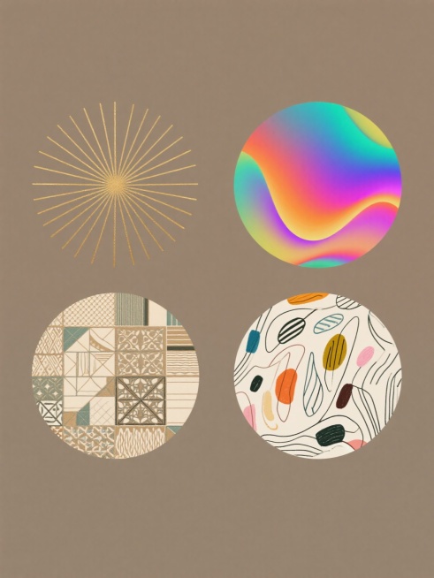 纯色背景上，由四个完全不同风格的圆形系列素材规整排布组成的集合。第一个圆形内部是放射状排列的金色细长线条构成的简约几何图案；第二个圆形内部是充满活力的彩色渐变流体形态，色彩鲜艳且过渡自然；第三个圆形内部是由多种几何图形拼接而成的复古装饰风格图案，线条细腻；第四个圆形内部是手绘风格的抽象线条和色块组合，具有随性的艺术感。所有圆形大小一致，在纯色背景上整齐排列，整体画面色彩丰富多样，每个圆形都有其……预览效果