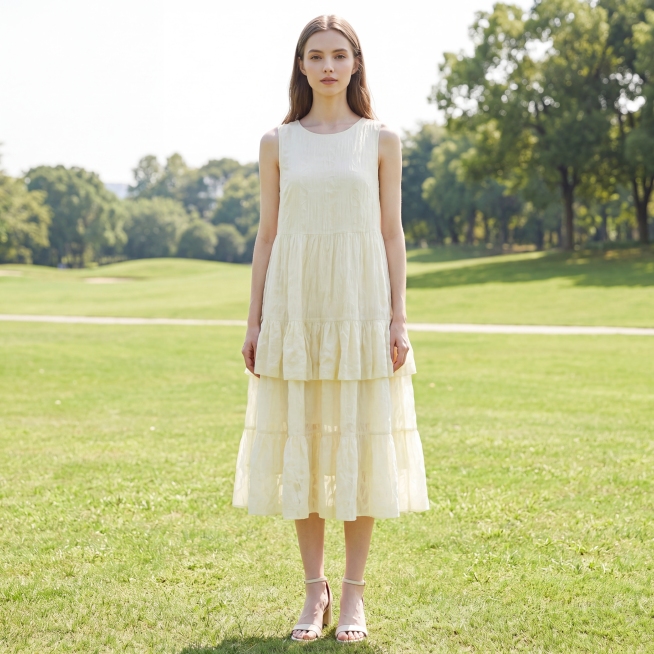 将这件浅黄色无袖蛋糕连衣裙穿在五官精致立体、身高168cm身材比例修长纤瘦唯美的乌克兰模特身上，保持服装原有的颜色和长短比例不变，穿着和动作自然，严格符合服装款式。背景为大自然户外公园草地风光远景，构预览效果