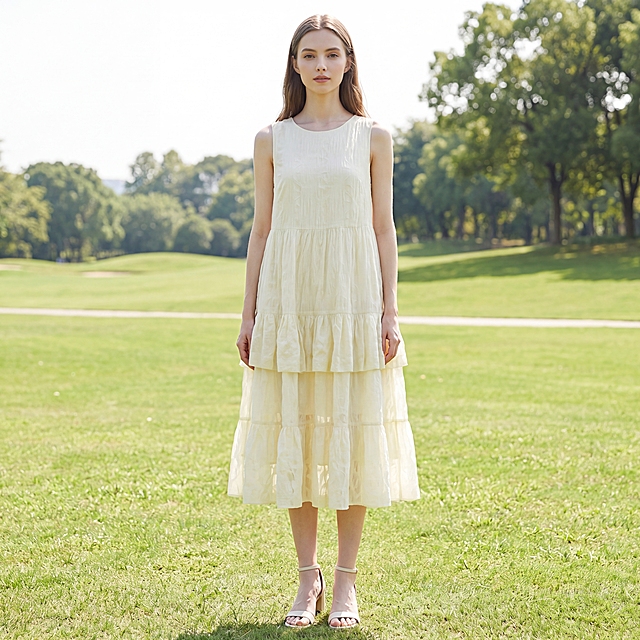 将这件浅黄色无袖蛋糕连衣裙穿在五官精致立体、身高168cm身材比例修长纤瘦唯美的乌克兰模特身上，保持服装原有的颜色和长短比例不变，穿着和动作自然，严格符合服装款式。背景为大自然户外公园草地风光远景，构图为2250*2250，人物居中，远深景视角完整展现全身穿搭，搭配2026年流行浅色系夏季有跟鞋子，丁达尔光，高调布光，减少阴影，光线均匀，无硬阴影，背景干净专业，中性不抢镜，整体氛围立体明亮，优雅氛围感，时尚穿搭写真风格，质感细腻