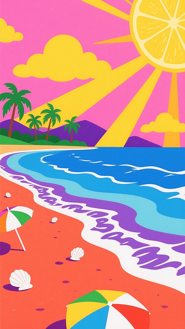 高饱和度波普艺术风格的海边风景，明亮的粉红色天空下飘着柠檬黄色云朵，靛蓝色海面泛着紫色渐变波纹，橙红色沙滩上点缀着白色贝壳和彩色遮阳伞，远处是翠绿色的棕榈树林和紫色轮廓的山脉，整体画面采用强烈对比色彩和几何化图形元素，呈现出欢快活泼的视觉效果，海浪以波浪状的色块形式拍打沙滩，阳光以放射状的黄色线条从云层间隙射出。