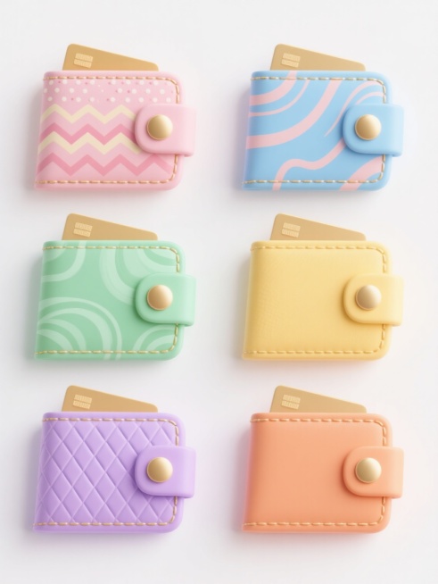 一系列六个软3D风格的钱包图标，保持相同的对折闭合形态、金色缝线、圆形按扣和露出部分金色卡片的核心元素，每个钱包拥有完全不同的独特花纹（如几何图案、波浪纹理、点状阵列、条纹组合、抽象曲线、菱形网格），整体画面色彩变换为清新的马卡龙色系，每个钱包对应一种主色调（粉、蓝、绿、黄、紫、橙），所有钱包在纯白色纯色背景上呈规整的2x3网格排布，保持统一的柔和光影、光滑皮革质感和简洁现代的设计语言。预览效果
