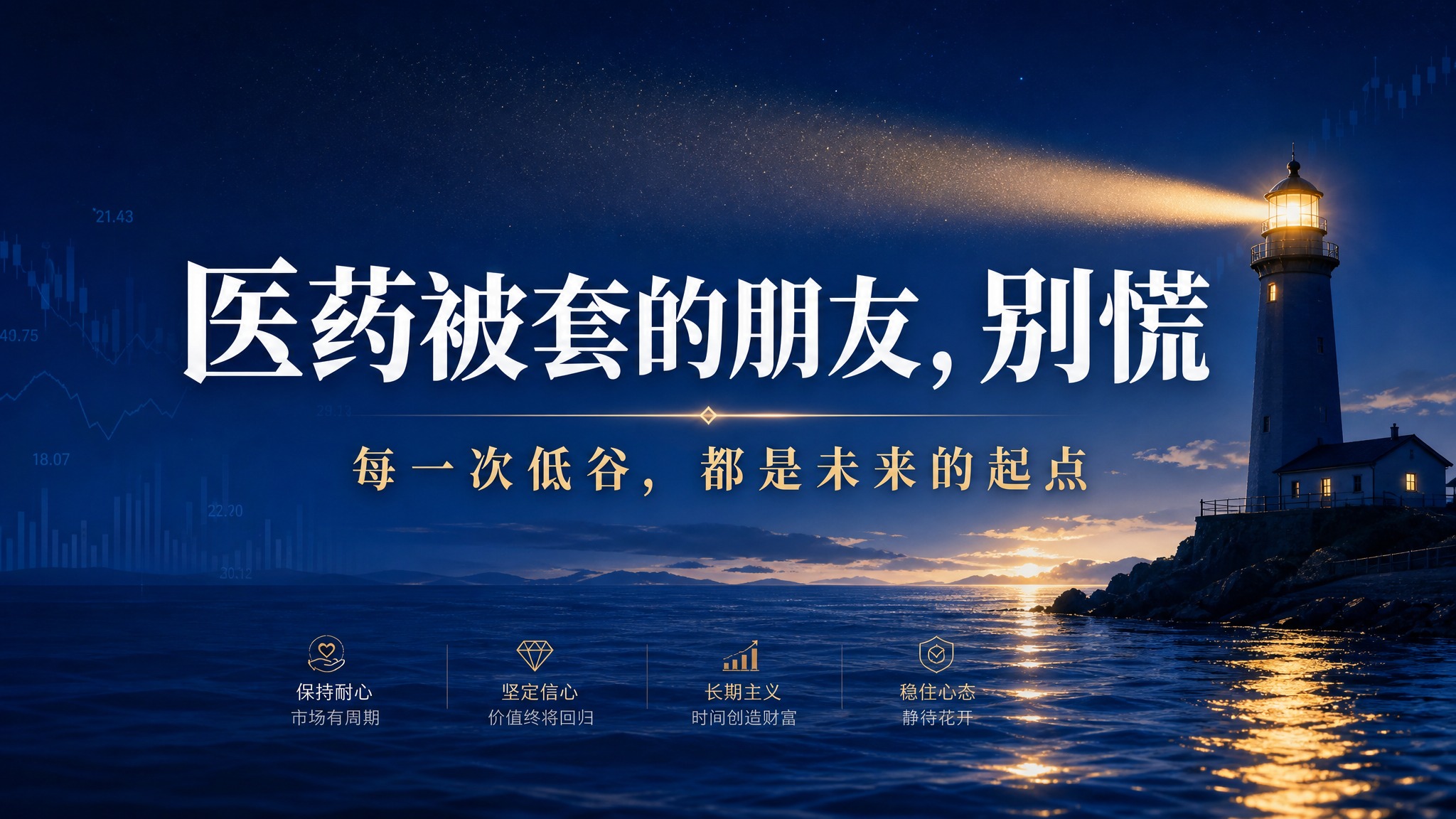 16:9横版股市财经海报，高级深蓝色渐变背景，带有温暖的灯塔光… - 图片创意预览