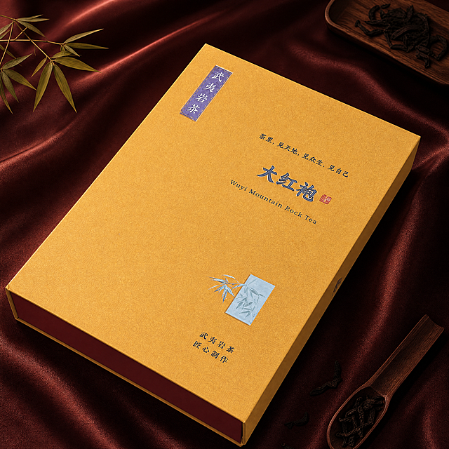 产品图片放大，以金黄色大红袍礼盒为绝对主体，产品占画面约75%-80%。背景替换为深棕红色高级绸缎纹理质感背景，搭配少量干茶叶、竹枝、木质茶则等中式尊贵装饰元素点缀，装饰元素缩小比例不抢主体。保持产品外观、金黄色礼盒、红色印章、竹枝图案、红色侧边与原图完全一致，45度斜俯视角度，光影柔和尊贵，商业摄影质感，画面中不添加任何额外文字，仅保留产品本身的包装印刷文字，1:1正方形构图。