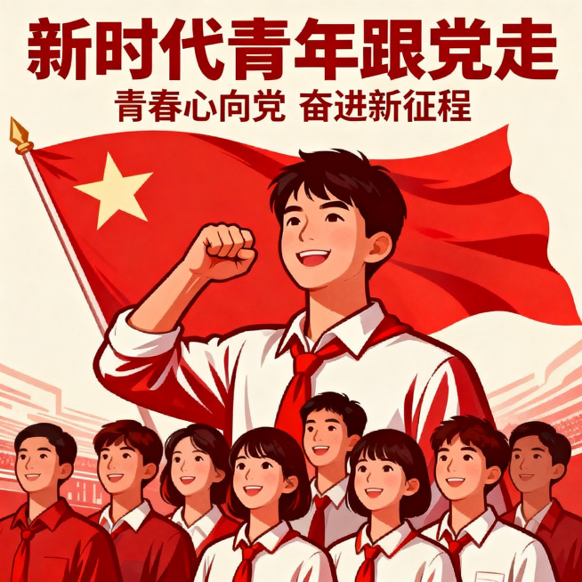 红色文化宣传贴图，展现新时代青年紧跟党的领导，积极向上的精神风貌，整体设计庄重大气，以红色为主色调，融入共青团旗帜和五角星元素，适合作为主题宣传使用预览效果