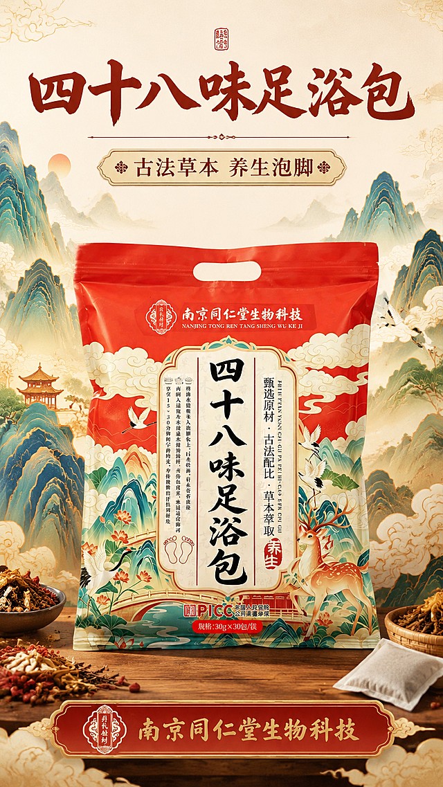「图片1」，生成一套详情页，商品名称为四十八味足浴包，适配淘宝/天猫平台，单图比例为9:16，需求屏数为9张。