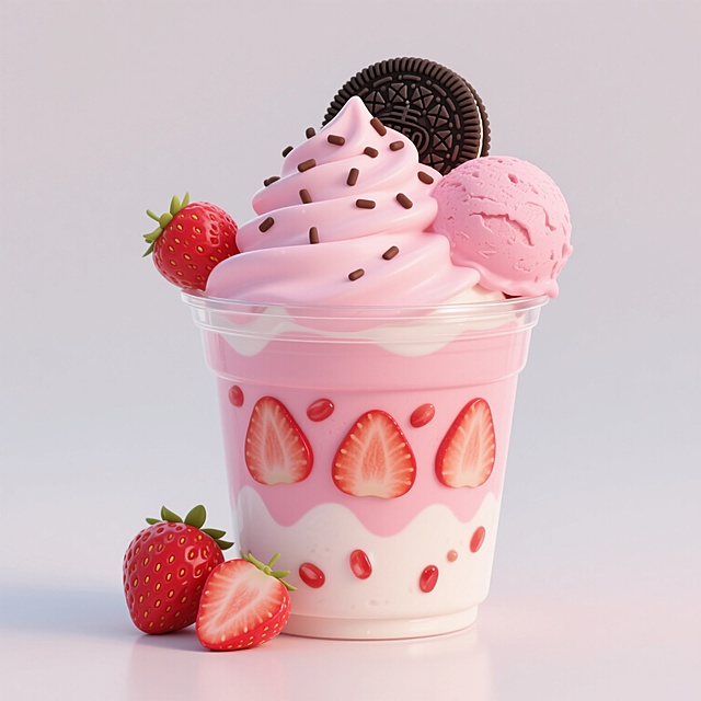 软3D风格草莓饮品，透明塑料杯中装满粉色与白色渐变的奶油冰沙，杯壁点缀新鲜草莓切片和红色果粒，顶部覆盖蓬松的粉色奶油，撒有巧克力碎屑，右侧放置一球粉色草莓冰淇淋，左侧装饰两颗完整草莓，顶部中央有一块黑色奥利奥饼干，整体光影柔和，色彩明快，呈现出圆润可爱的视觉效果，画面简洁干净。