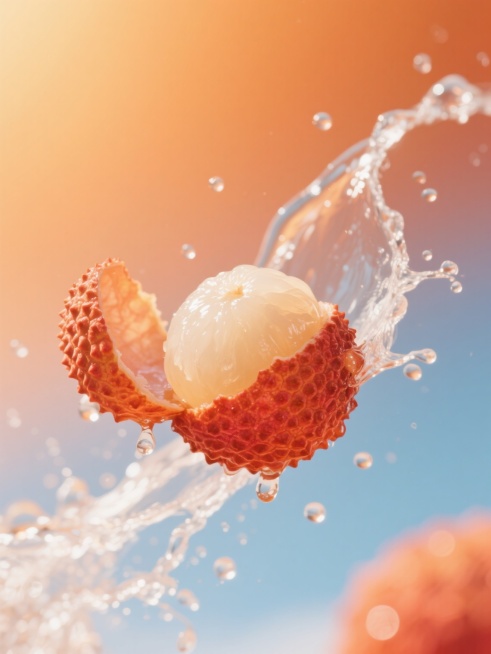 一个被剥开的荔枝，果肉晶莹剔透，果皮呈现出鲜艳的橙红色，果肉和果皮在空中分离，水花四溅，水滴在空中形成优美的弧线，背景是渐变的暖橙色天空，光线明亮，光影对比强烈，具有高度的写实感和动态感，整体画面充满了夏日的活力和水果的新鲜感。预览效果