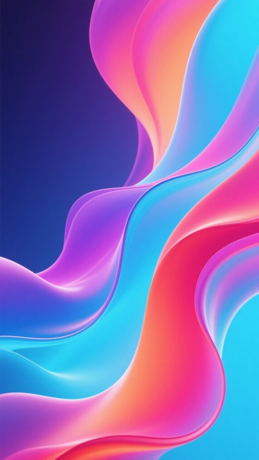 一张充满动感与活力的抽象流体渐变背景图，整体呈现出流动的、柔软的波浪形态，色彩从深邃的蓝紫色开始，逐渐过渡到明亮的天蓝色、柔和的青色，再到温暖的橙红色和热烈的粉红色，色彩之间融合自然，过渡平滑，形成丰富的色彩层次和和谐的渐变效果。画面中的流体形态具有细腻的纹理和柔和的光泽感，光影效果自然，高光与阴影过渡柔和，营造出一种梦幻、灵动且充满活力的氛围，整体构图饱满，视觉冲击力强，适合作为现代、时尚的……预览效果