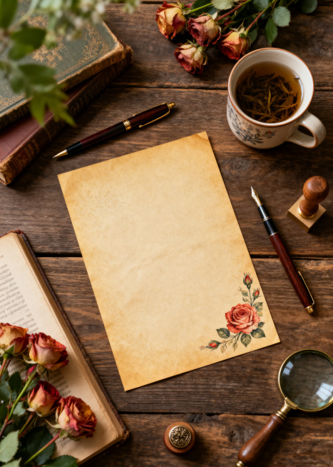 复古木质书桌，自然光洒入，复古花纹玫瑰花信纸平铺在桌面上；周围摆放钢笔，复古书本，几束复古玫瑰花、泡有茶叶的陶瓷马克杯、木质印章与金属放大镜。写实治愈系生活摄影风格，高空俯视构图，轻微浅景深，主色调为预览效果