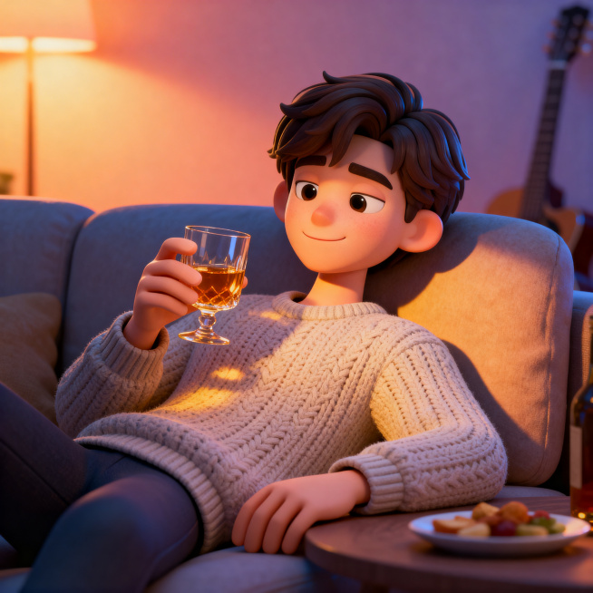 放松的年轻中性形象人物，穿着舒适针织衫，半靠在夜晚客厅的柔软沙发上。手里轻轻晃着一杯琥珀色的饮品，眼神柔和望向杯中液体，嘴角带着满足的微笑。桌上摆着小食，暖黄灯光在脸上投下柔和阴影，背景有模糊的乐器元预览效果