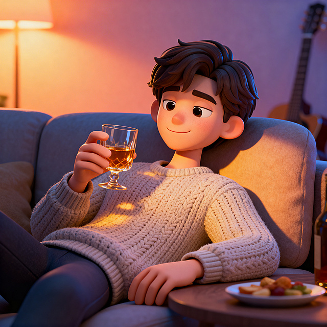 放松的年轻中性形象人物，穿着舒适针织衫，半靠在夜晚客厅的柔软沙发上。手里轻轻晃着一杯琥珀色的饮品，眼神柔和望向杯中液体，嘴角带着满足的微笑。桌上摆着小食，暖黄灯光在脸上投下柔和阴影，背景有模糊的乐器元素，人物表情放松舒缓。背景为极简纯色，淡橙色渐变搭配饮品琥珀色与灯光暖黄色点缀，整体氛围慵懒放松。趣味3D插画风格，C4D渲染，OC渲染，Blender建模，柔软光线，马卡龙色系，光滑黏土材质，影棚打光，超细节，人物居中半身呈现