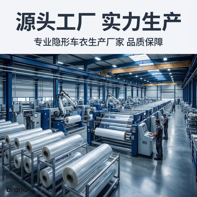 [主图 1] 隐形车衣工厂实力展示主图
[氛围风格] 硬核工业工厂风，专业大气，展现源头工厂实力
[画面元素] 商业摄影质感、光线硬朗高对比、产品清晰真实、画面干净高级。现代化汽车贴膜生产工厂车间全景预览效果