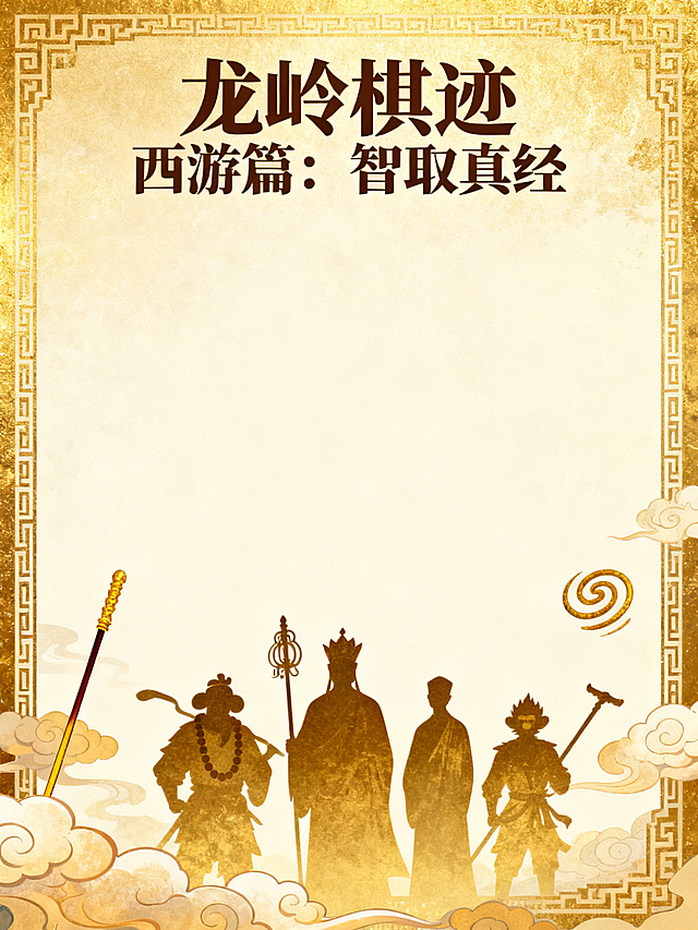 鎏金浮雕风融合剪影造型，古典中式边框勾勒西游人物群像，神圣感与故事感交织，国潮韵味十足，呈现智取真经的传奇史诗。