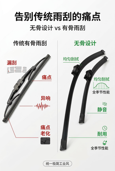 2:3竖版，严格还原上传雨刮器产品的整体外观、颜色和结构细节，保持产品原有尺寸比例。主标题：「告别传统雨刮的痛点」，副标题：「无骨设计 vs 有骨雨刮」。信息布局：左右分栏对比，左侧展示传统有骨雨刮（预览效果