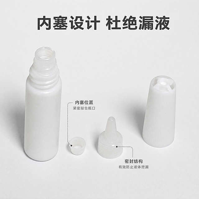 [主图-2] 核心卖点图，展示内塞防漏设计
[氛围风格] 明亮通透，真实产品细节展示
[画质] 商业摄影质感、光线柔和通透、产品清晰真实、画面干净高级
[元素] 拆开的白乳胶瓶和各部件摆放，保持产品外观（物理结构、材质质感、颜色）与输入产品图绝对一致，杜绝任何变形和色差，精细化处理。产品主体占比约70%，浅灰白色干净背景，清晰展示内塞结构设计，证明防漏效果
[光影] 侧光突出瓶身和部件轮廓，细节清晰，光影层次分明
[配色] 主色调浅灰白，局部深灰文字对比
[视角构图] 俯视平铺，各部件排列整齐清晰，方便查看结构
[文字版式] 顶部大标题写"内塞设计 杜绝漏液"，深灰色粗体居中；左侧文字引线标注内塞位置，说明密封结构，文字纤细清晰，不遮挡产品
[比例分辨率] 1:1比例，2048x2048，4K分辨率，文字清晰可辨
[负向提示词] 变形，水印，文字错乱，产品图模糊，背景杂乱