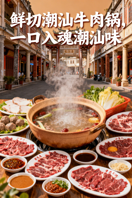 潮汕牛肉火锅宣传海报，暖色调，画面中心是冒着热气的潮汕牛肉火锅，摆放着新鲜吊龙、匙仁、肥胼等牛肉部位，搭配沙茶酱、普宁豆酱等特色蘸料，背景是古色古香的潮汕骑楼，上方有醒目的文字“鲜切潮汕牛肉锅，一口入预览效果