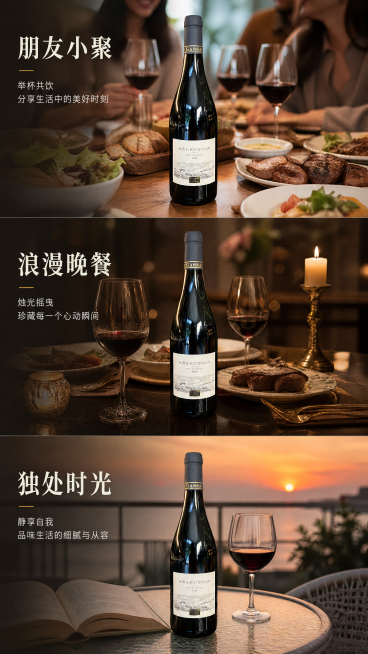 [第5屏] 饮用场景展示-格兰嘉萨精选干红葡萄酒多场景分享。本屏使用【图1】作为商品主体，保持瓶身信息一致。
[氛围/风格] 生活氛围感，多场景自然拼接，温馨自然，真实生活化摄影。
[元素布局] 采用预览效果