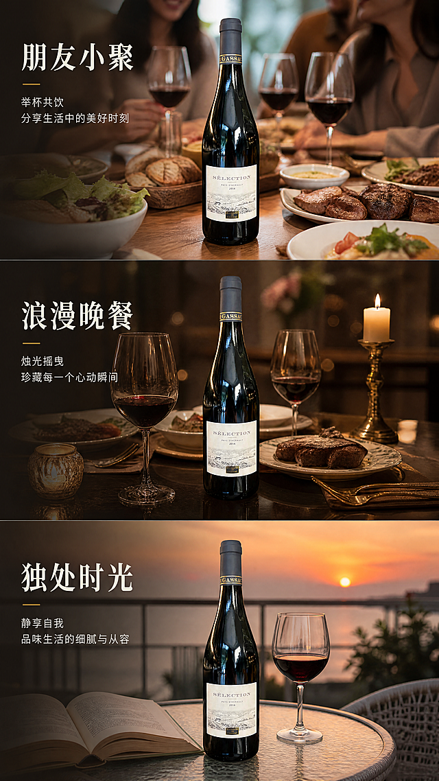 [第5屏] 饮用场景展示-格兰嘉萨精选干红葡萄酒多场景分享。本屏使用【图1】作为商品主体，保持瓶身信息一致。
[氛围/风格] 生活氛围感，多场景自然拼接，温馨自然，真实生活化摄影。
[元素布局] 采用三段竖拼结构，每段包含一个场景小图+文字说明。第一段：朋友聚会餐桌场景，酒瓶放置在餐桌中央，周围搭配西餐料理；第二段：双人晚餐烛光场景，搭配牛排和蜡烛；第三段：独处露台品鉴场景，酒瓶搭配一本书和日落背景。每段场景自然分隔，瓶身始终保持外观一致，占据每段场景核心位置。
[光影质感] 不同场景对应自然光线：聚会明亮、晚餐暖光、独处柔光，每个场景光影自然，产品清晰。
[配色色系] 全局底色：#2D231E（深棕）；主体配色：#1A1A1A（瓶身）+#F0EAD6（标签）+场景自然色；辅助色：#D4AF37（金色文字）。
[视角构图] 竖拼三段式结构，每个场景等比例分割，从上到下阅读动线自然，每个场景都包含酒瓶产品。
[文字版式] 每段场景左侧配文字：第一段「朋友小聚」，第二段「浪漫晚餐」，第三段「独处时光」，全部使用米白色文字，字体沿用首屏温润宋体+无衬线组合，字色不超过两种，保持纯色填充字效，文字放在场景边缘不遮挡主体。
[比例分辨率] 9:16竖版比例，4K分辨率，文字清晰可辨，超高清。
[负向提示词] 瓶身变形，标签错乱，场景拼接混乱，文字遮挡主体，水印，极限广告词。
