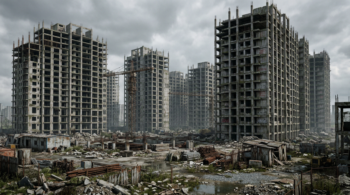大型荒废烂尾楼建筑群完整外景场景，多栋未完工高层钢筋混凝土框架结构，裸露锈蚀的钢筋骨架，破碎开裂的水泥墙面与楼板，大面积空置的门窗洞口，楼体布满风化痕迹、水渍霉斑与墙皮脱落痕迹，场地内散落废弃建筑废料预览效果