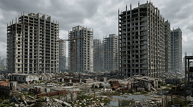 大型荒废烂尾楼建筑群完整外景场景，多栋未完工高层钢筋混凝土框架结构，裸露锈蚀的钢筋骨架，破碎开裂的水泥墙面与楼板，大面积空置的门窗洞口，楼体布满风化痕迹、水渍霉斑与墙皮脱落痕迹，场地内散落废弃建筑废料、破损脚手架、锈蚀钢筋、废弃建材，半倒塌的临时施工工棚，闲置锈蚀的工程塔吊，地面杂草丛生、布满碎石与积水洼地，墙面残留风化涂鸦，墙上无标语，整体氛围荒凉破败、压抑沉寂，充满荒废感与故事感，3D国漫次世代超写实风格，Unreal Engine 5渲染，UE5 Lumen全局光照，Nanite超高精度模型，PBR物理级材质，真实物理属性的锈蚀金属质感、粗糙水泥肌理、风化砖石纹理、真实水体折射反射，8K超高清分辨率，电影级cinematic镜头，超广角全景构图，阴天漫射柔和全局光，环境光遮蔽，丰富的光影层次，细腻的灰尘与薄雾体积感，画面完整无裁切，无多余人物，无违和元素，极致细节拉满，画面真实有质感
